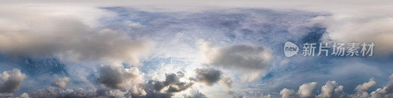 日落天空全景与明亮发光的粉红色积云。HDR 360无缝球形全景。全天顶或天空圆顶3D可视化，天空替代空中无人机全景。